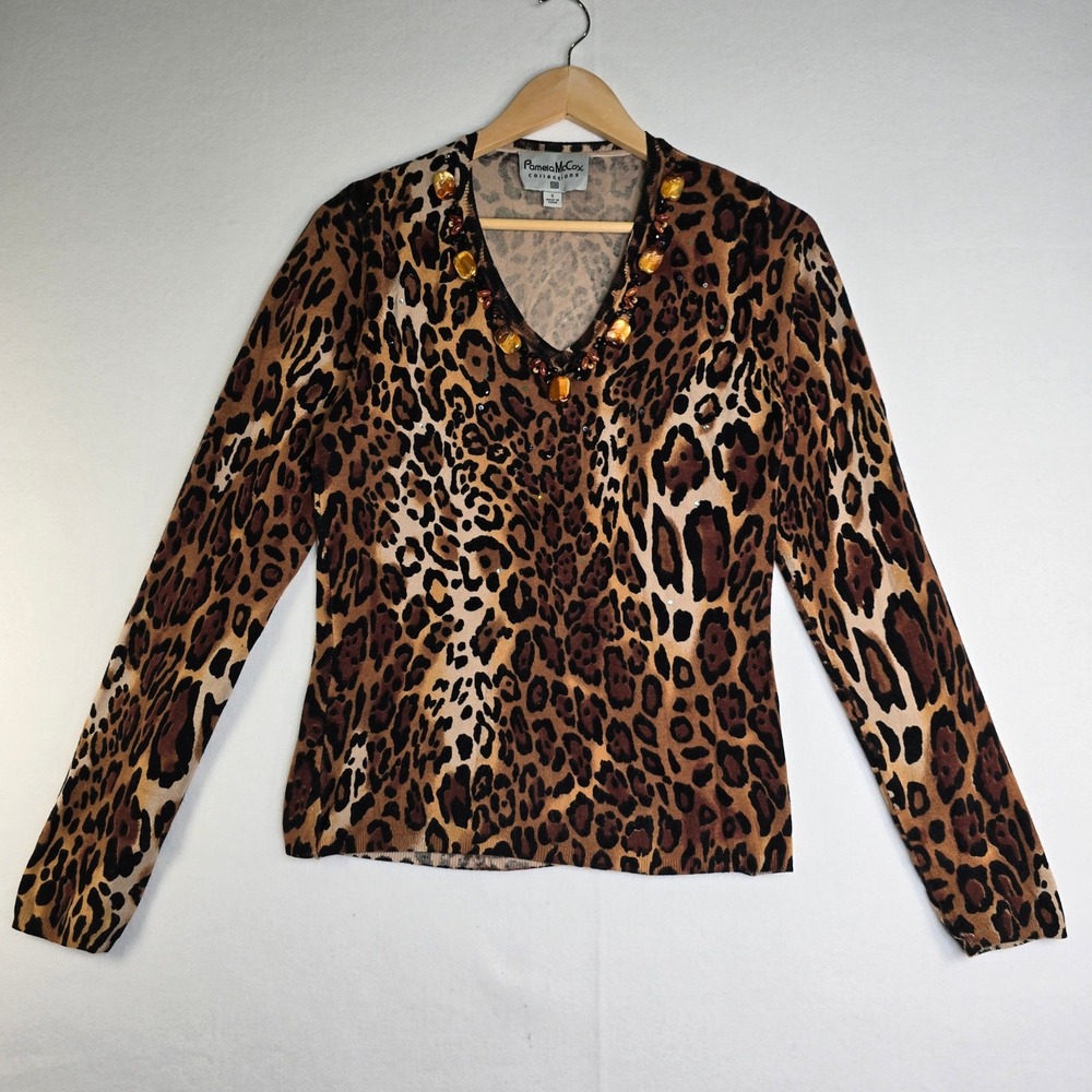 Pamela McCoy Leopard Print Beaded V-Neck Sweater Top Brown Tan Small